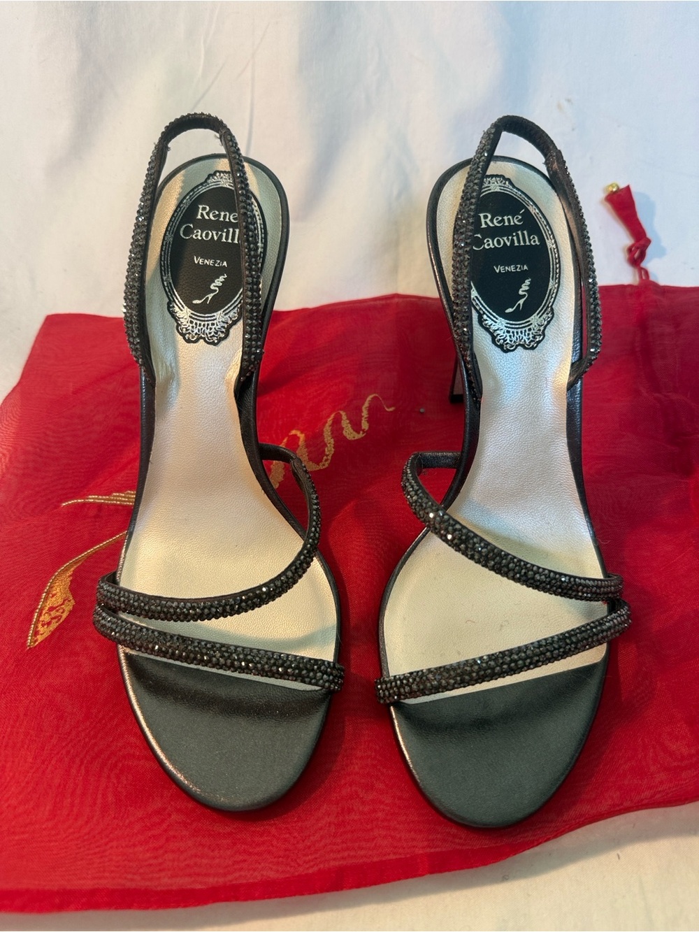 Rene Caovilla Black Crystal-Strap Open-Toe Heels